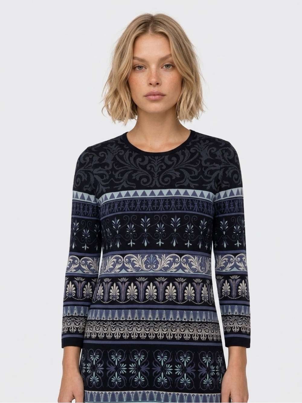 J MCLAUGHLIN KINSLEY FAIR ISLE PRINT PONTE KNIT SHIFT DRESS MODEST OFFICE RESORT